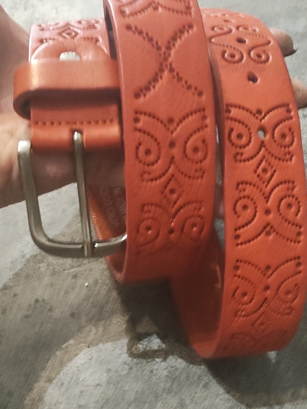 Real Leather Hand Made LadiesOrange Embossed Leather Belt - Classic Casual Style